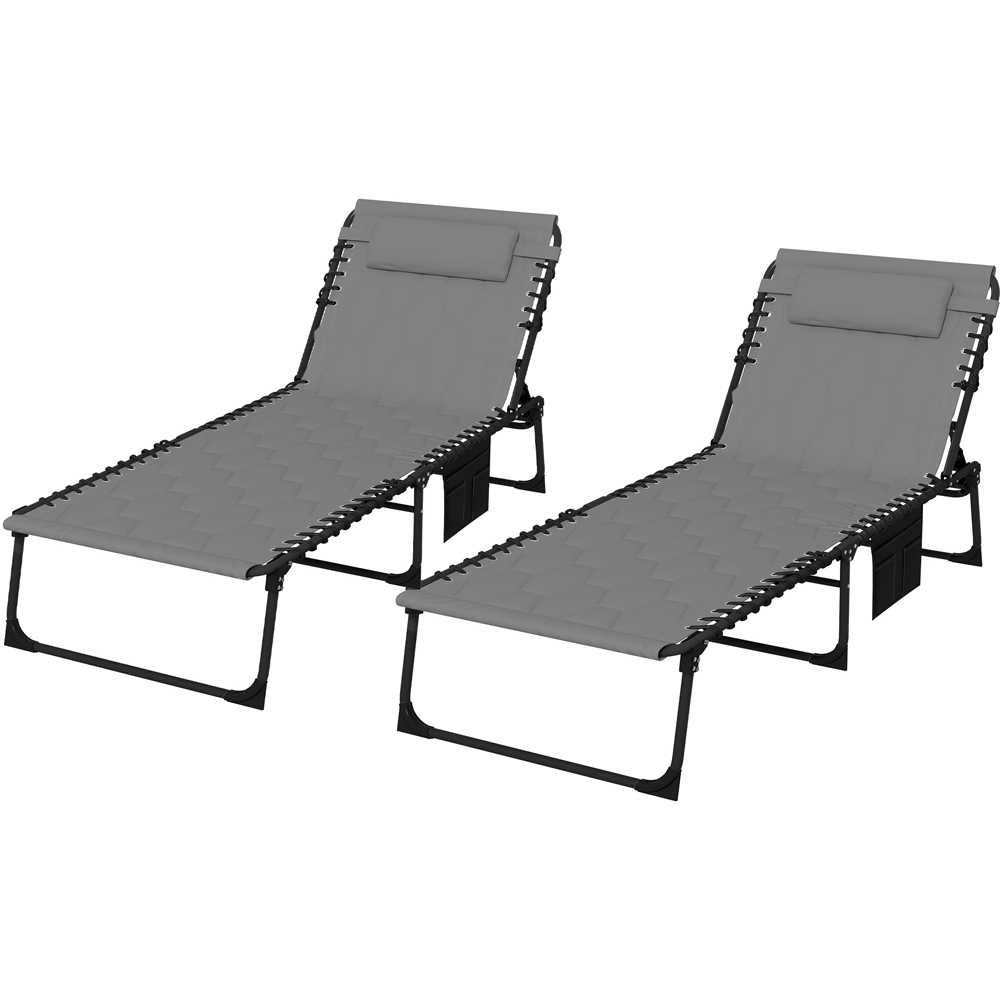 Outsunny Set of 2 Grey Foldable Recliner Sun Lounger with Side Pocket Image 2