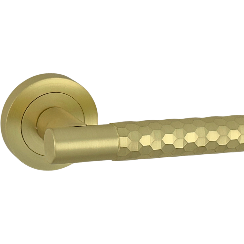 AXS Hardware Montana Satin Brass Knurled Latch Door Handles on Rose Image 5