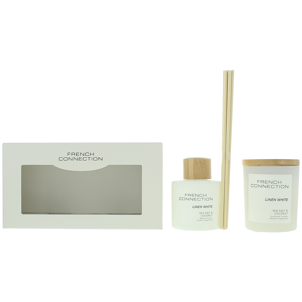 French Connection Linen White Sea Salt and Coconut Diffuser and Scented Candle 2 Piece Gift Set Image 1