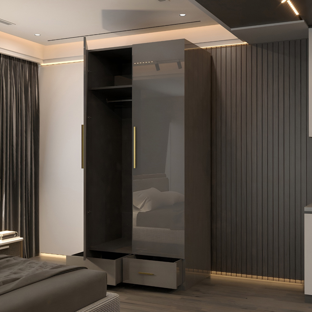 Sliding Wardrobes 4U XD4 2 Door 2 Drawer Grey High Gloss Gold Handle Mirror Wardrobe Image 3