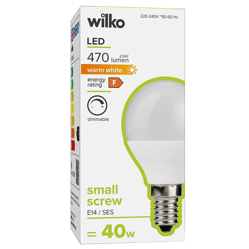 Wilko 1 pack Small Screw E14/SES LED 6W 470 Lumens  Dimmable Coated Round Light Bulb Image 1