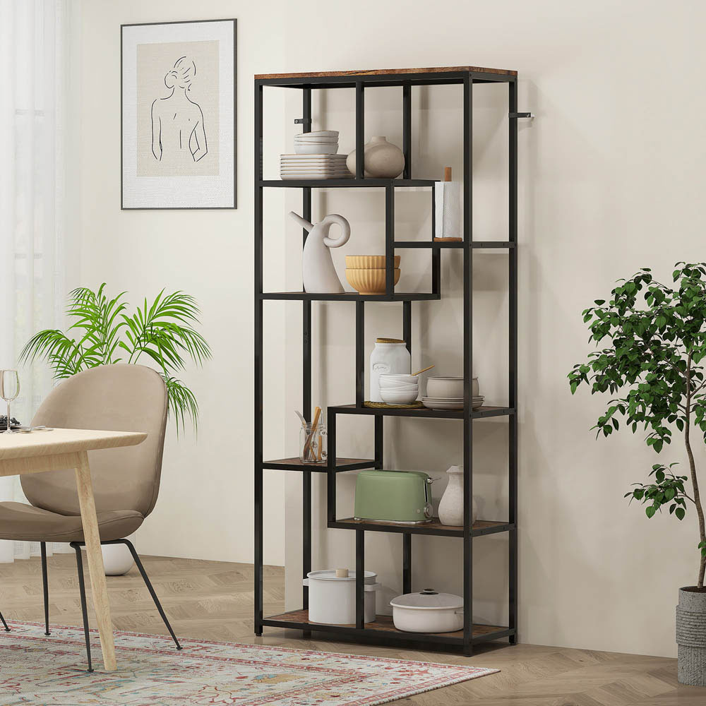 Portland 7 Shelf Rustic Brown and Black Industrial Bookcase Image 4