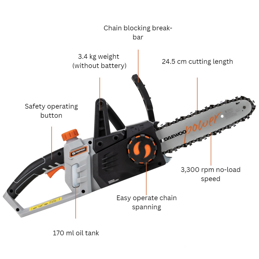 Daewoo U-Force Cordless Chainsaw with 1 x 2.0Ah Battery Charger 25cm Image 7
