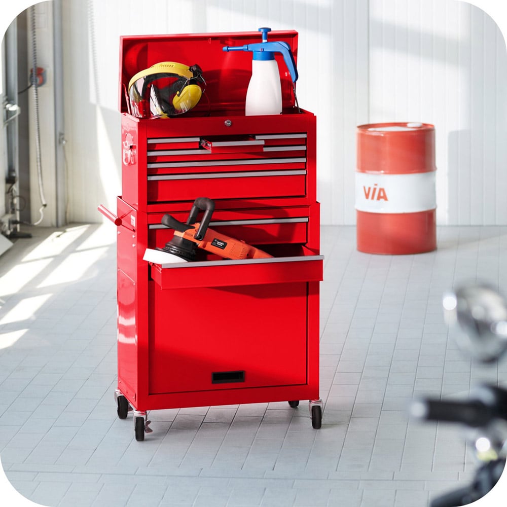 tectake 8 Drawer Red Tool Chest of Drawers with Wheels Image 2