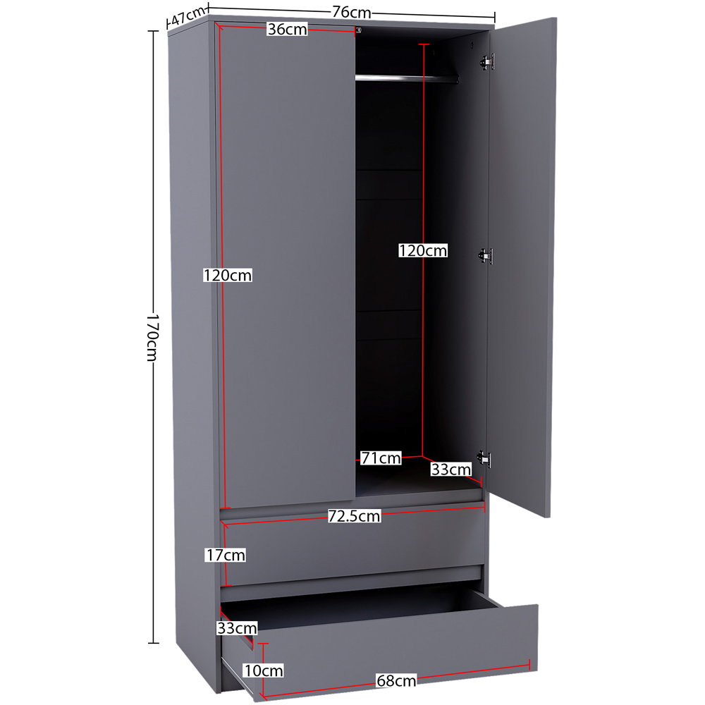 Vida Designs Denver 2 Door 2 Drawer Grey Wardrobe Image 9