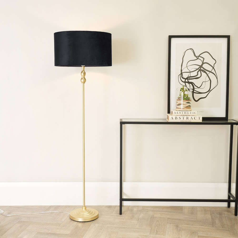 ValueLights Maggie Black Velvet and Gold Drum Shade Candlestick LED Floor Lamp Image 2