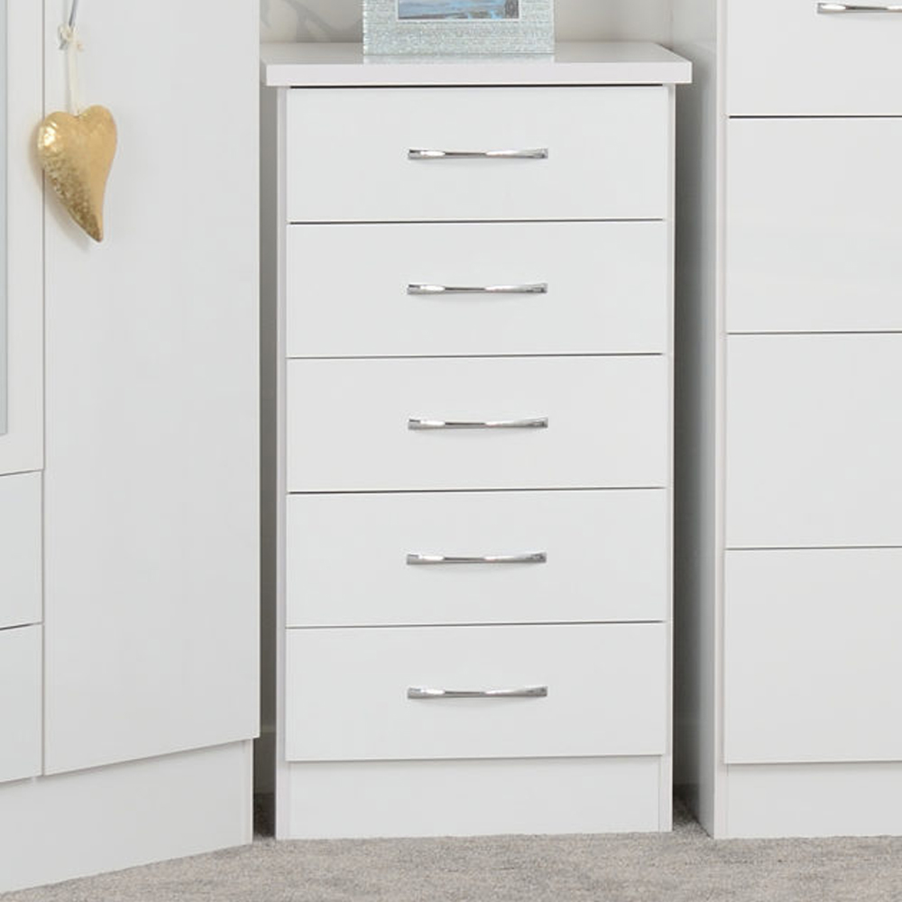Seconique Nevada 5 Drawer White Gloss Narrow Chest of Drawers Image 1