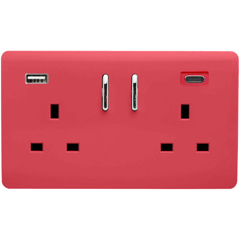 Trendi Switch 2 Gang 13amp 2 Port USB Strawberry Red Switched Plug Socket Image 1