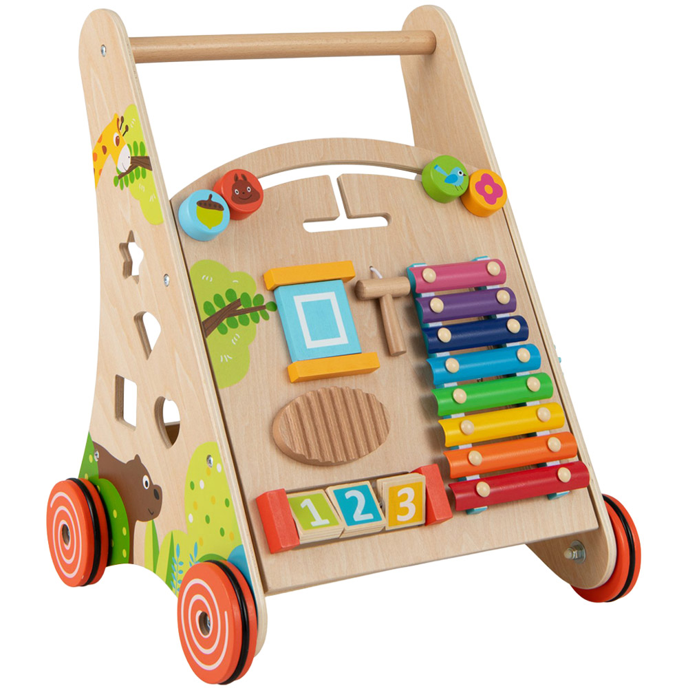 Costway Natural Wooden Baby Push Walker with Learning Activity and Storage Image 1
