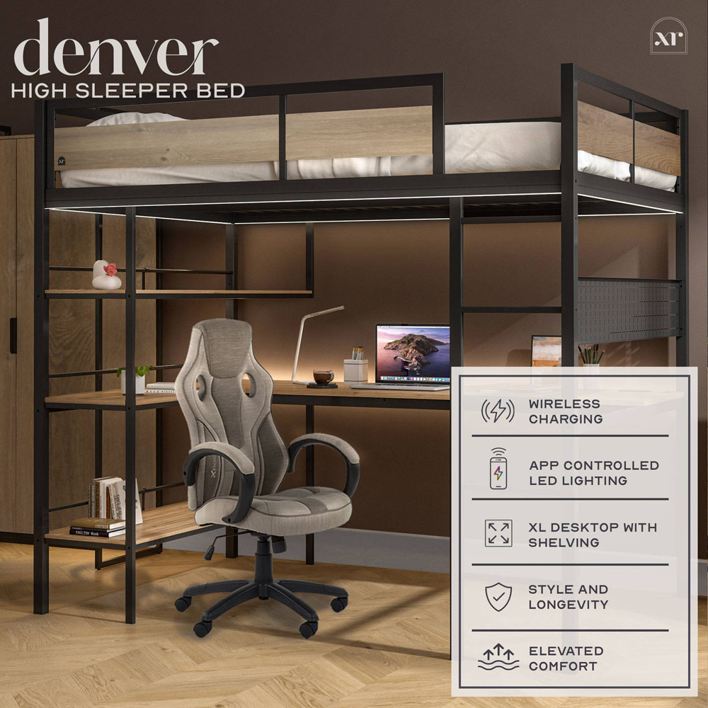 XR Living Denver Double Oak and Black High Sleeper with Storage and App Controlled LED Lights Image 2