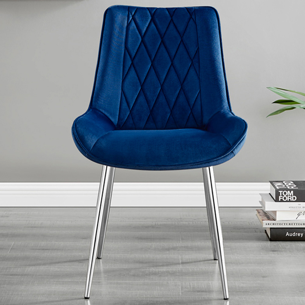 Furniturebox Cesano Set of 2 Navy Blue and Chrome Velvet Dining Chair Image 1