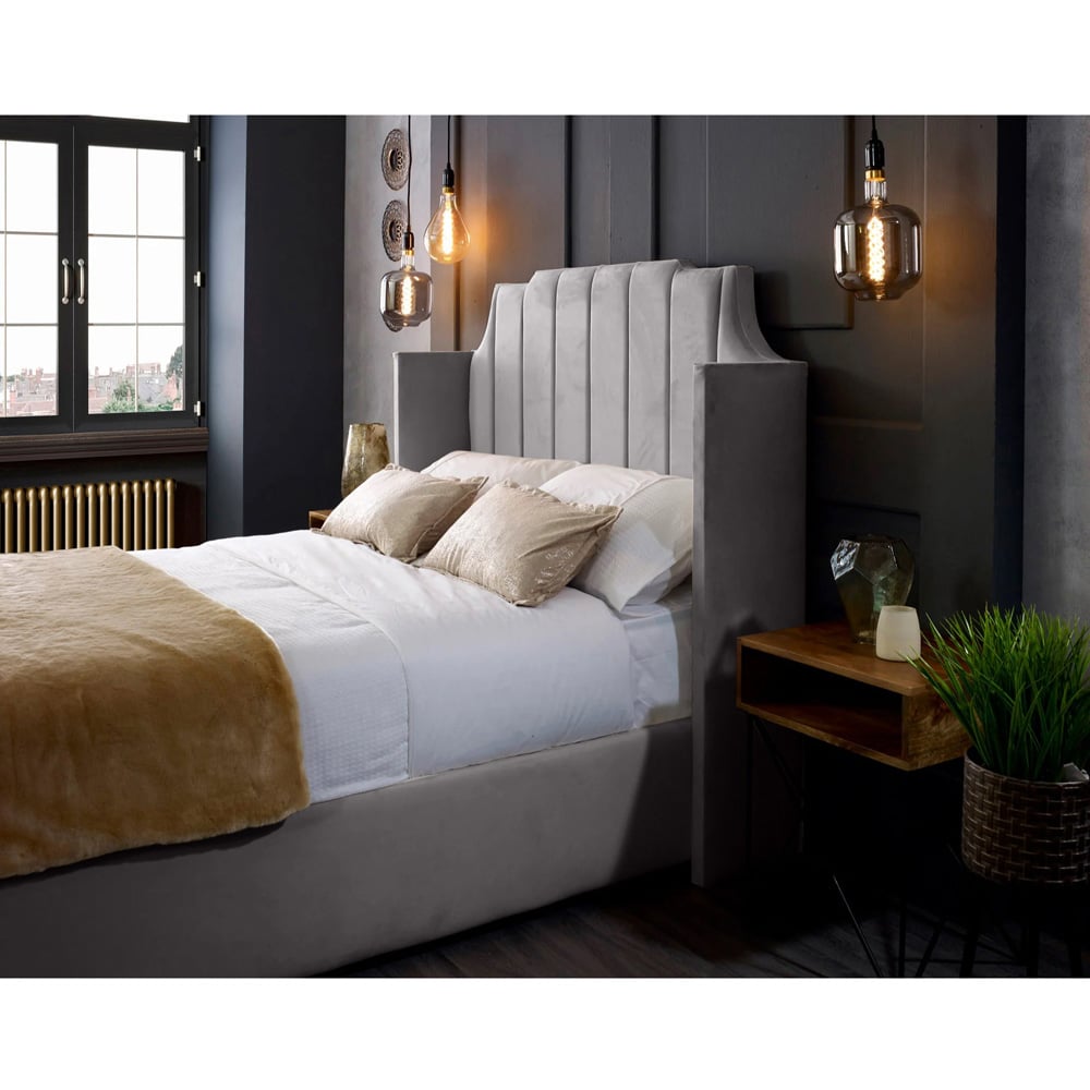 Eleganza Home Nelly King Size Silver Plush Velvet Bed Frame with Winged Headboard Image 2