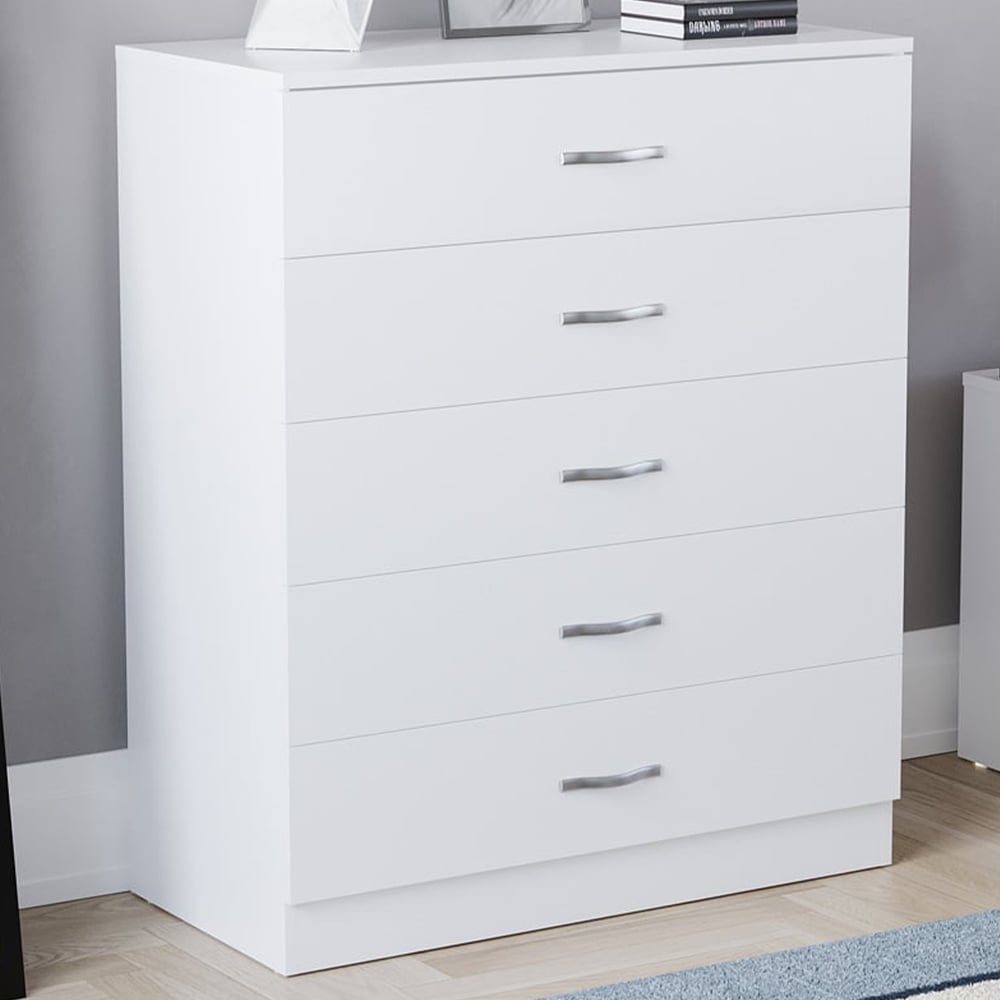 Vida Designs Riano 5 Drawer White Unique Anti Bowing Chest of Drawers with Metal Handles Image 1