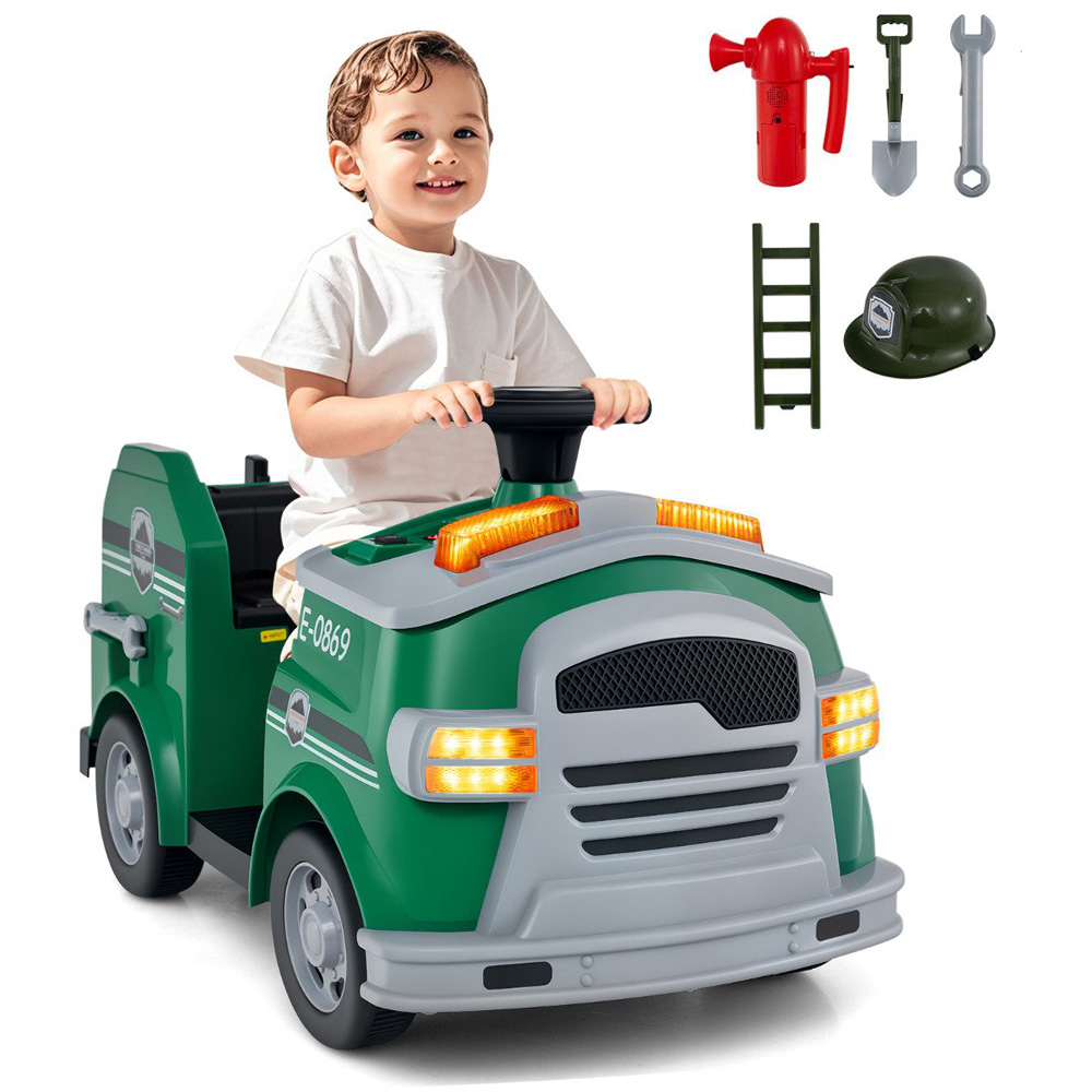 Costway Kids Green Ride On Fire Truck with Shovel and Wrench 12V Image 4