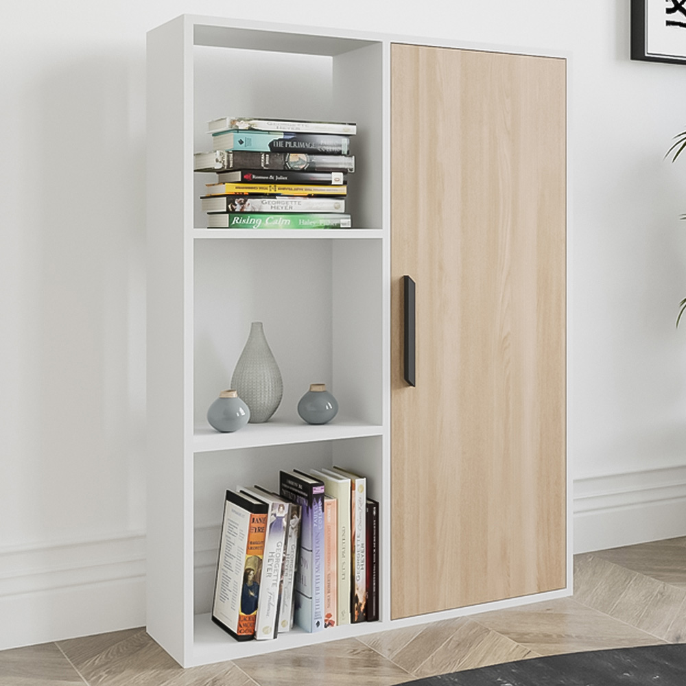 Decorotika Patrick Single Door 3 Shelf White and Oak Bookcase Image 1