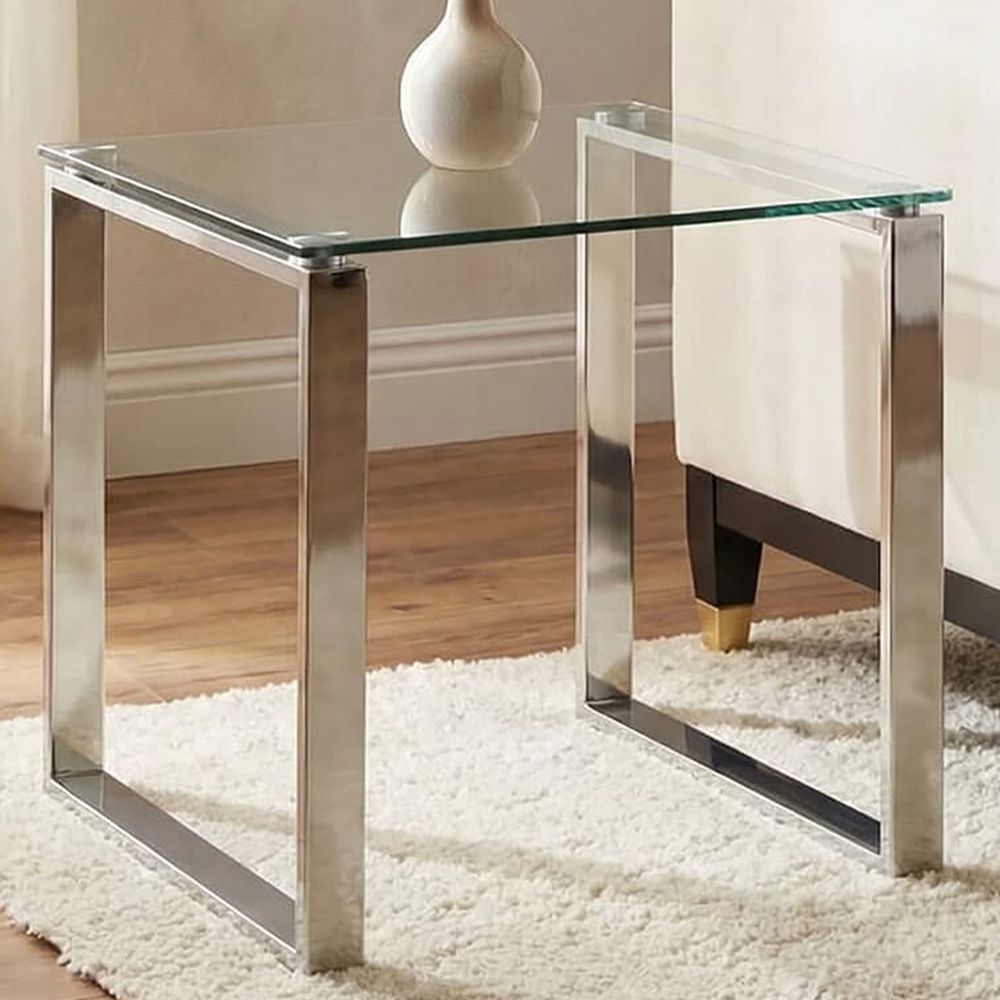 Premier Housewares Allure Silver Finish Square End Table with Glass Top Image 1