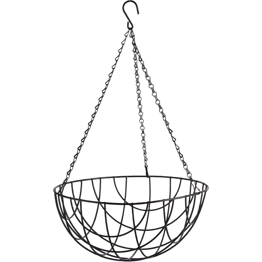 Wilko 35cm Black Hanging Basket  - Garden & Outdoor Display your beautiful blooms in our 35cm Wire Hanging Basket. Includes a chain for hanging. Simply add a liner, fill with bright flowers, hang up and this stylish hanging basket will instantly add a pop of colour to any garden. Maximum load 8kg. Wilko 35cm Black Hanging Basket