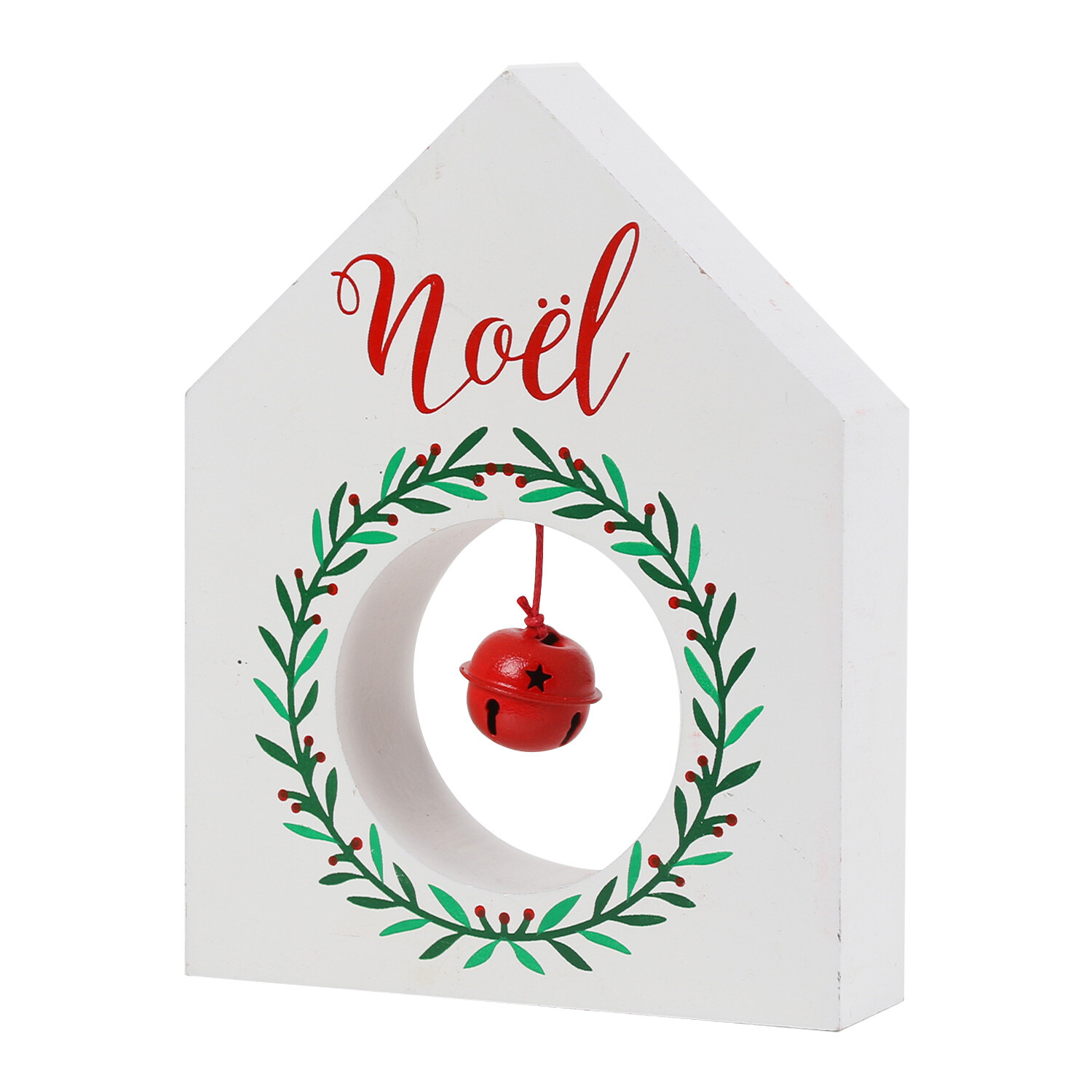 Christmas Wooden House Block with Bell - White Image 4