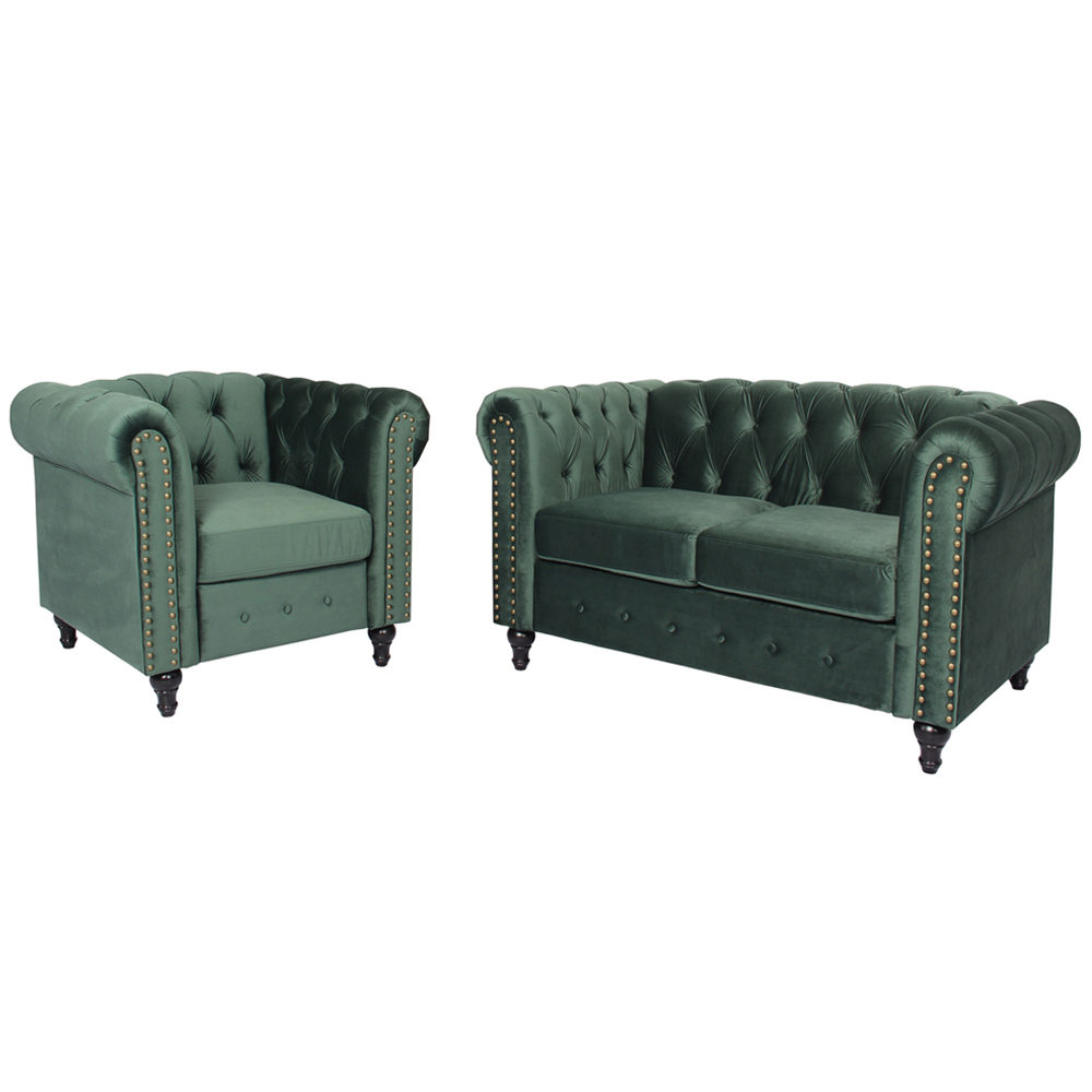 Furniture One Set of 2 Green Nailhead Trim Upholstered Armchairs Image 2