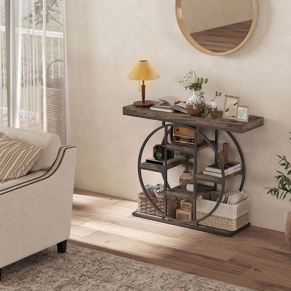 Portland 6 Shelf Rustic Brown Industrial Console Table Image 3