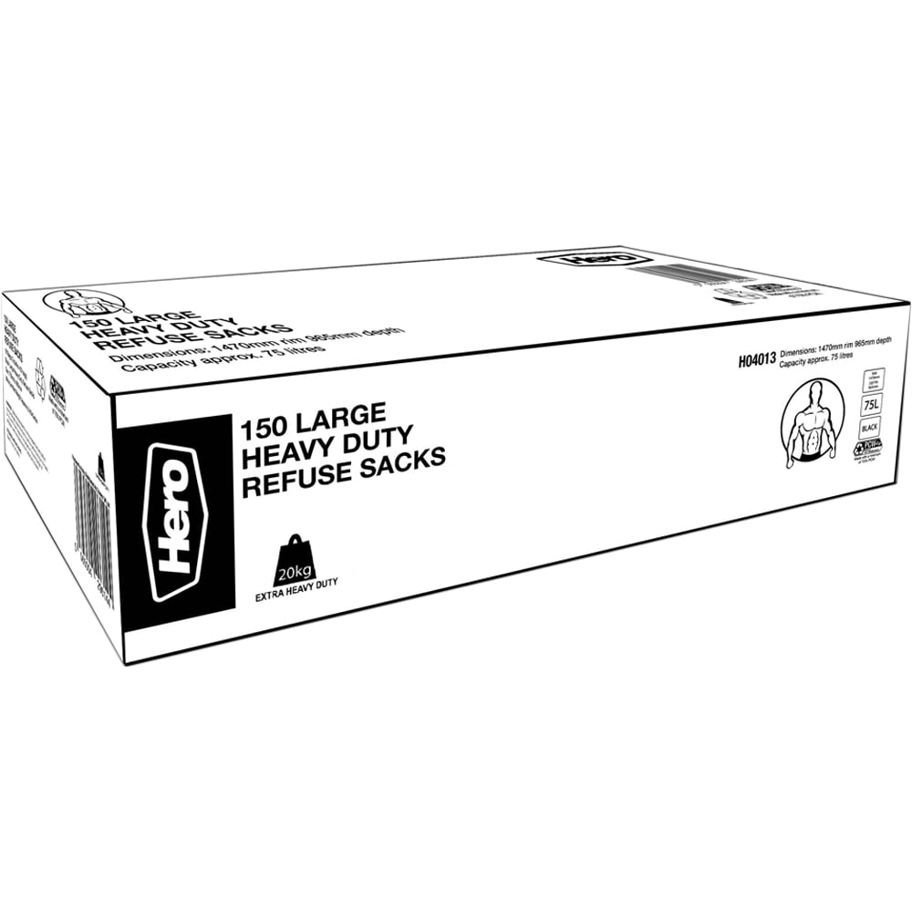 Hero Heavy Duty Bin Bags Refuse Sacks Black 75L 150 Pack Image 1
