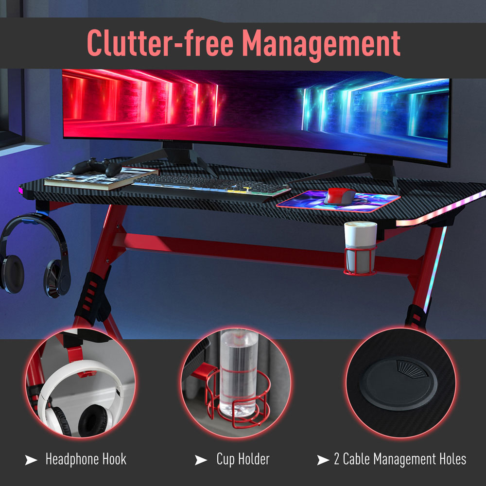 Portland RGB LED Gaming Desk with Cup Holder Black and Red Image 6