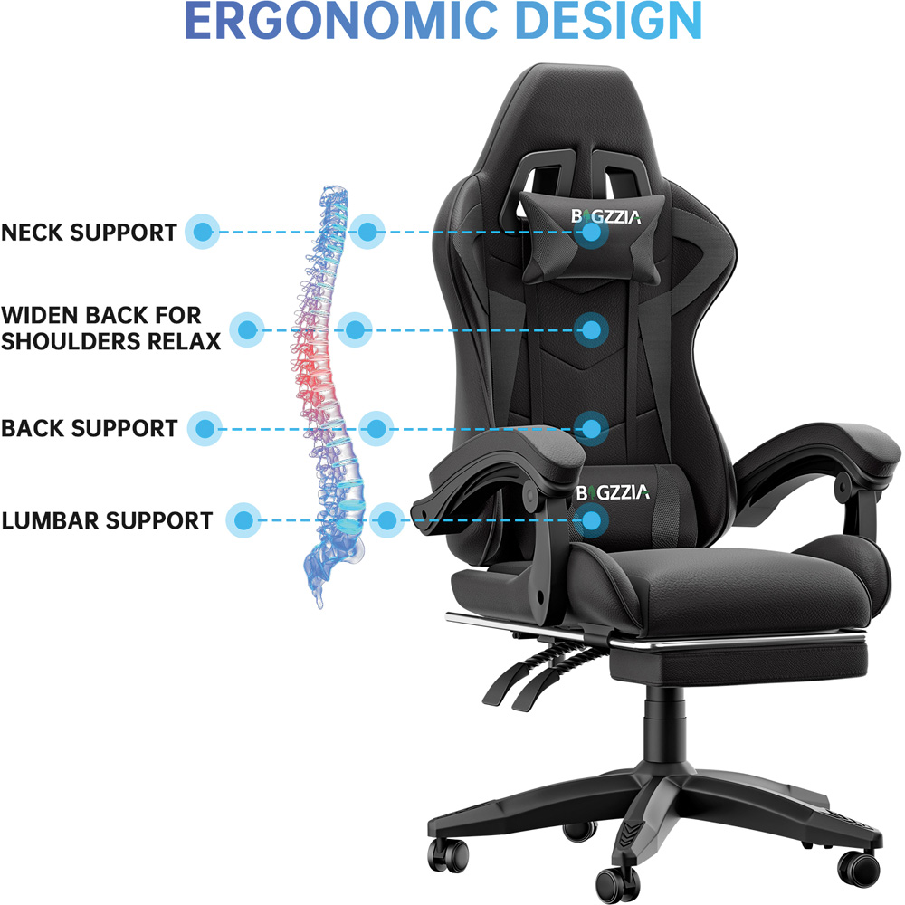 Rattrix Black Height Adjustable Gaming Chair with Footrest and Lumbar Cushion Image 6