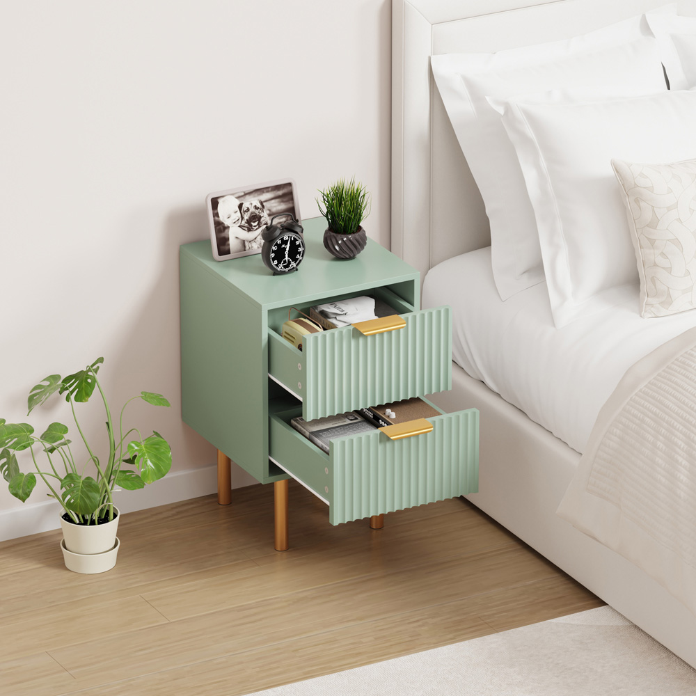 FurnitureHMD 2 Drawer Green Wave Pattern Bedside Table Set of 2 Image 5