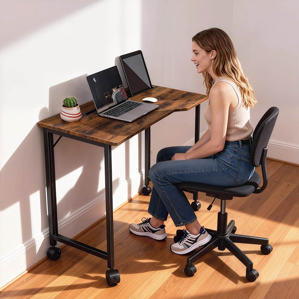 Portland Foldable Small Writing Desk with Wheels Rustic Brown Image 3