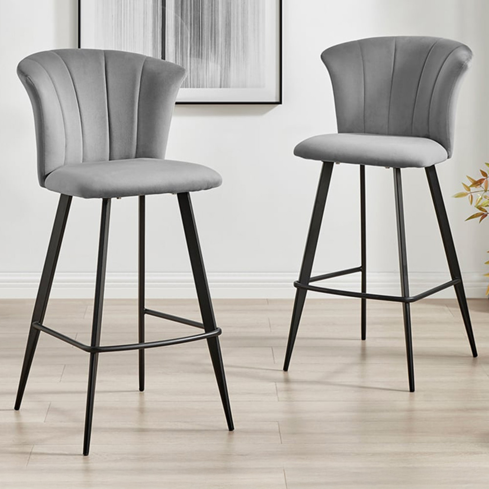 Furniturebox Hazel Grey and Black Velvet Bar Stool Set of 2 Image 1