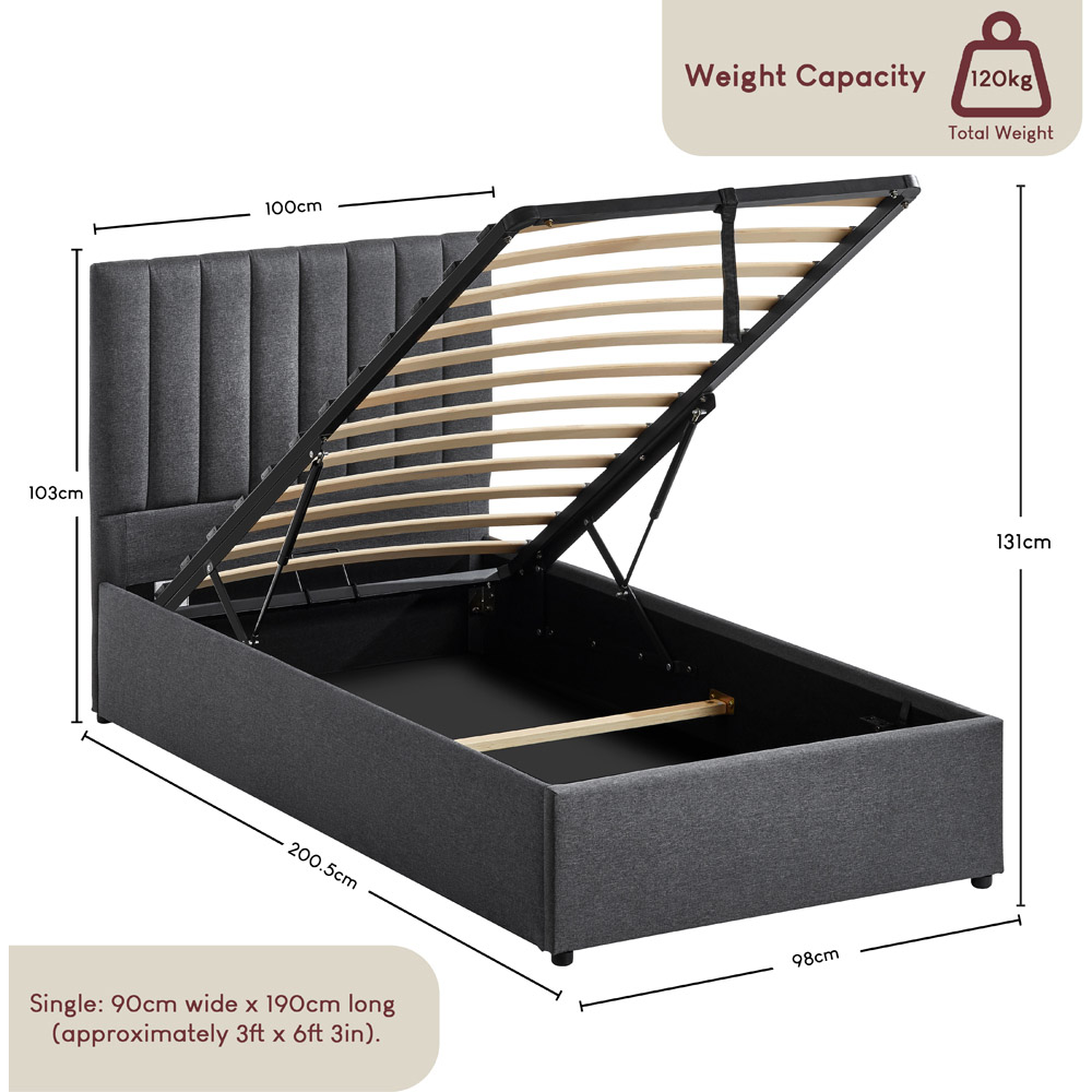 VIDA DESIGNS Vellaro Single Dark Grey Linen Fabric Ottoman Bed with Headboard Image 9