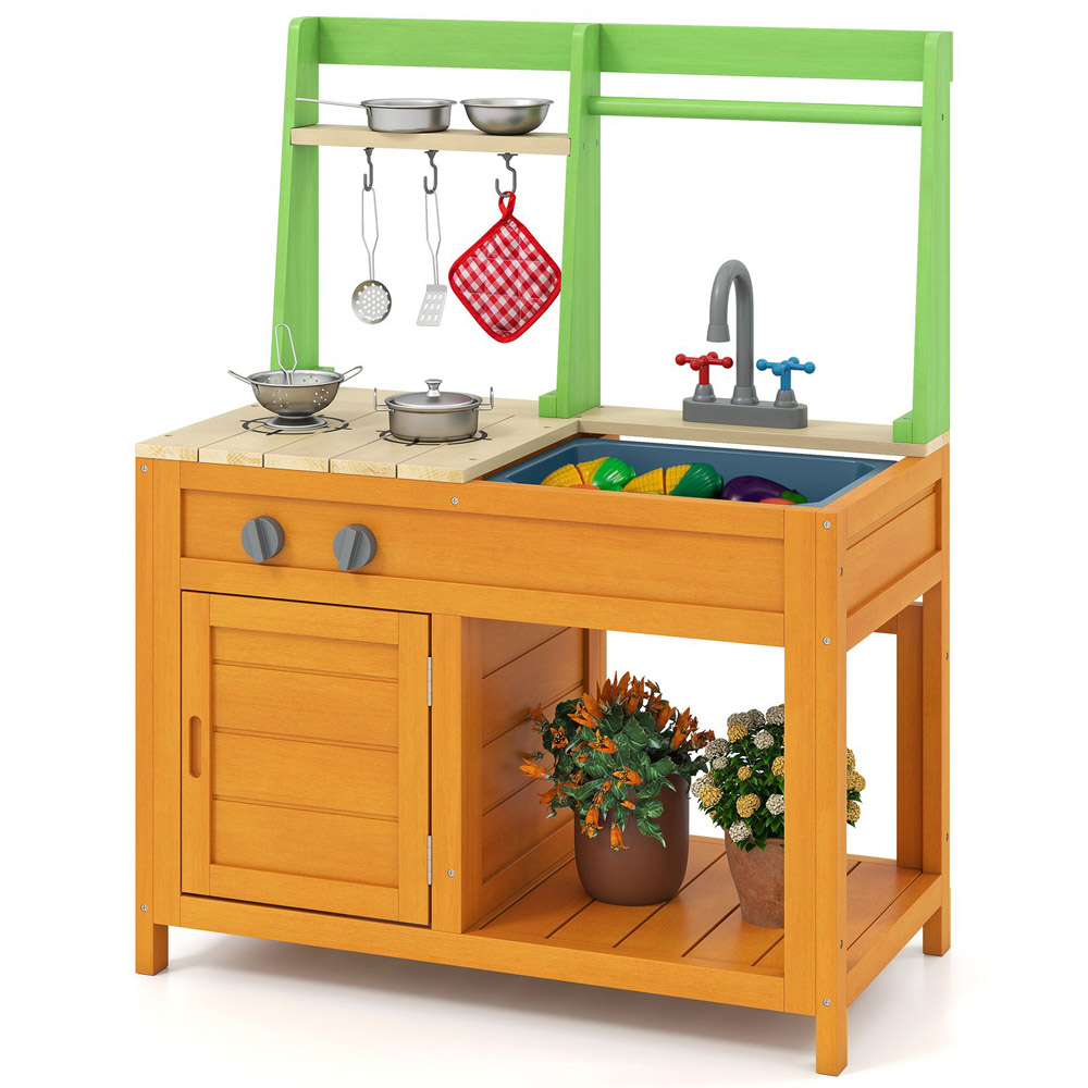 Costway Kids Orange Outdoor Kitchen Play Set with Realistic Stoves and Cookware Accessories Image 3