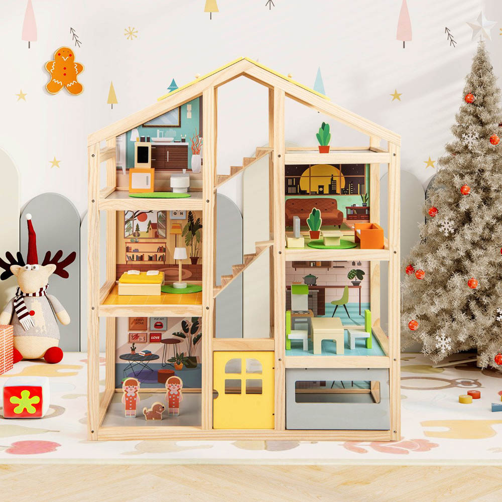 Costway Kids Yellow 18 Piece Wooden Dollhouse with 7 Rooms and Accessories Image 5