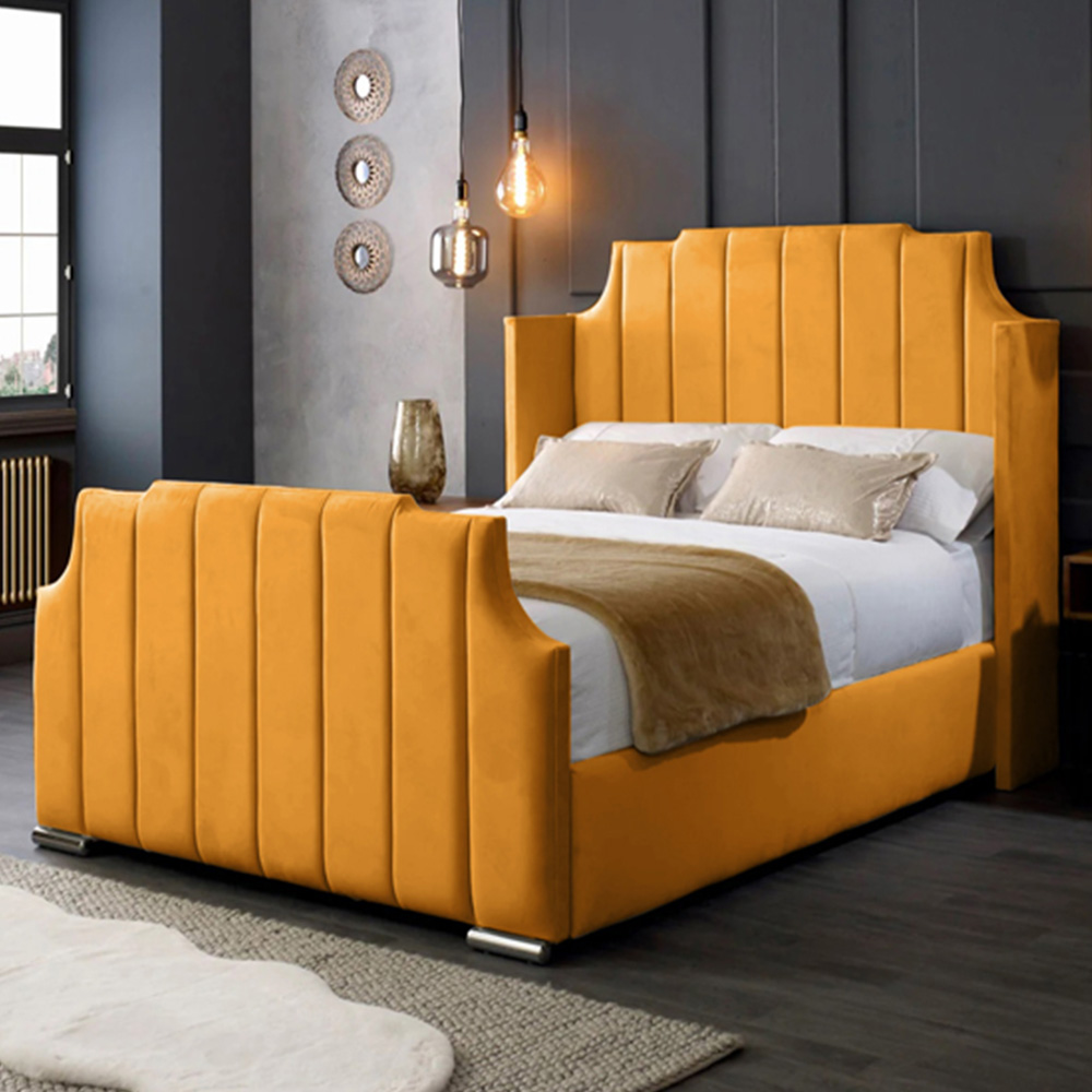 Eleganza Home Nelly Super King Size Mustard Plush Velvet Bed Frame with Winged Headboard Image 1