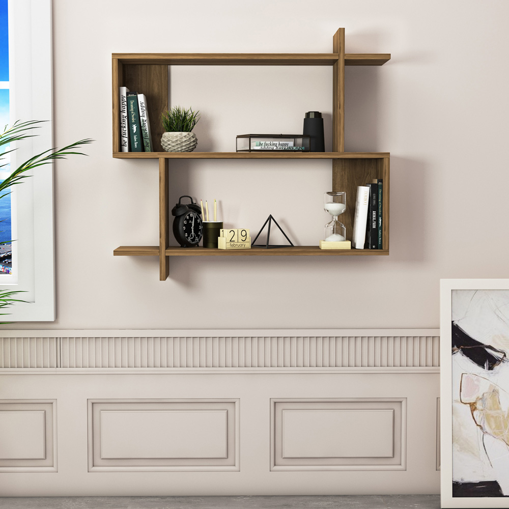 Decorotika Mina 3 Tier Walnut Zigzag Floating Shelf Image 6