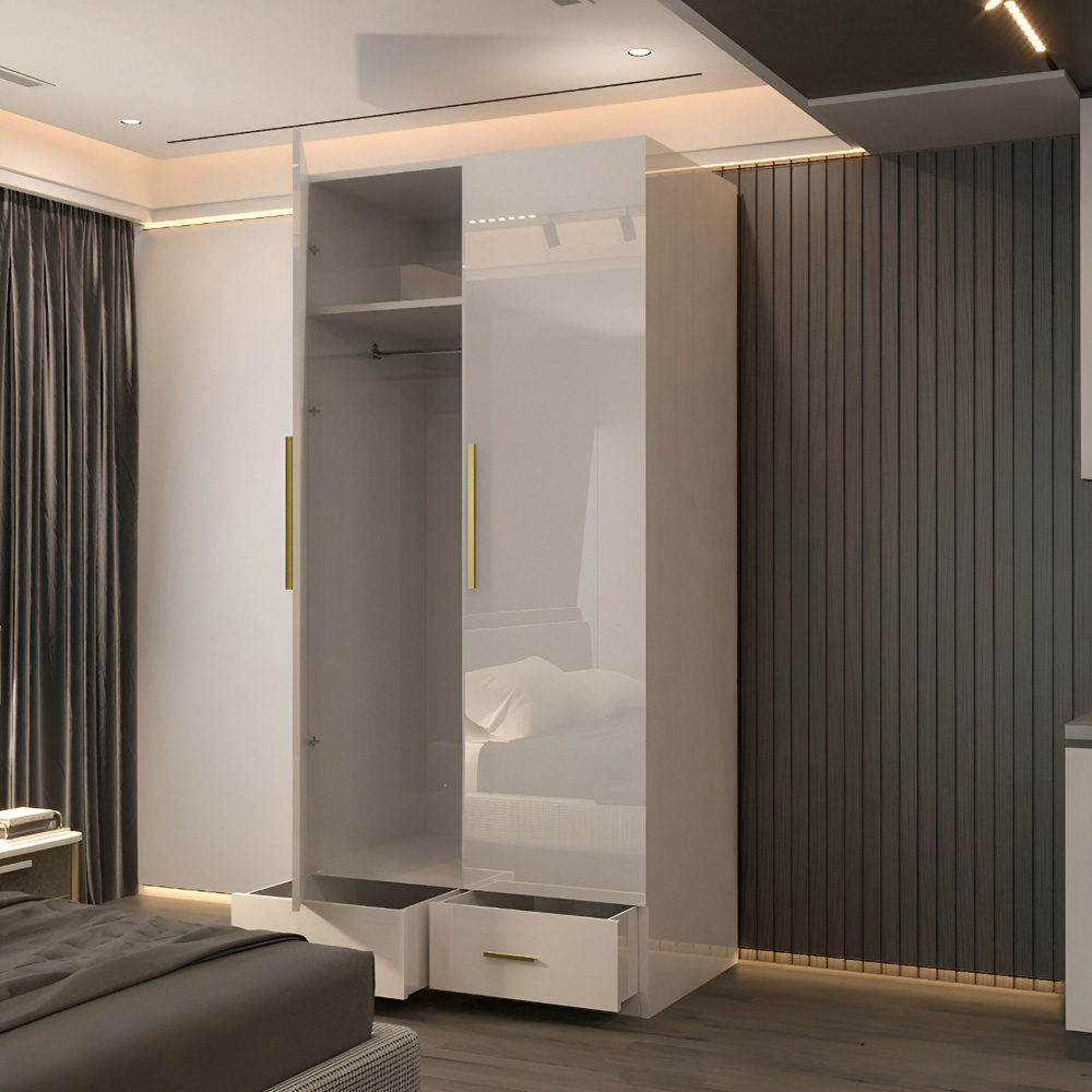 Sliding Wardrobes 4U XD4 2 Door 2 Drawer White High Gloss Gold Handle Mirror Wardrobe Image 3