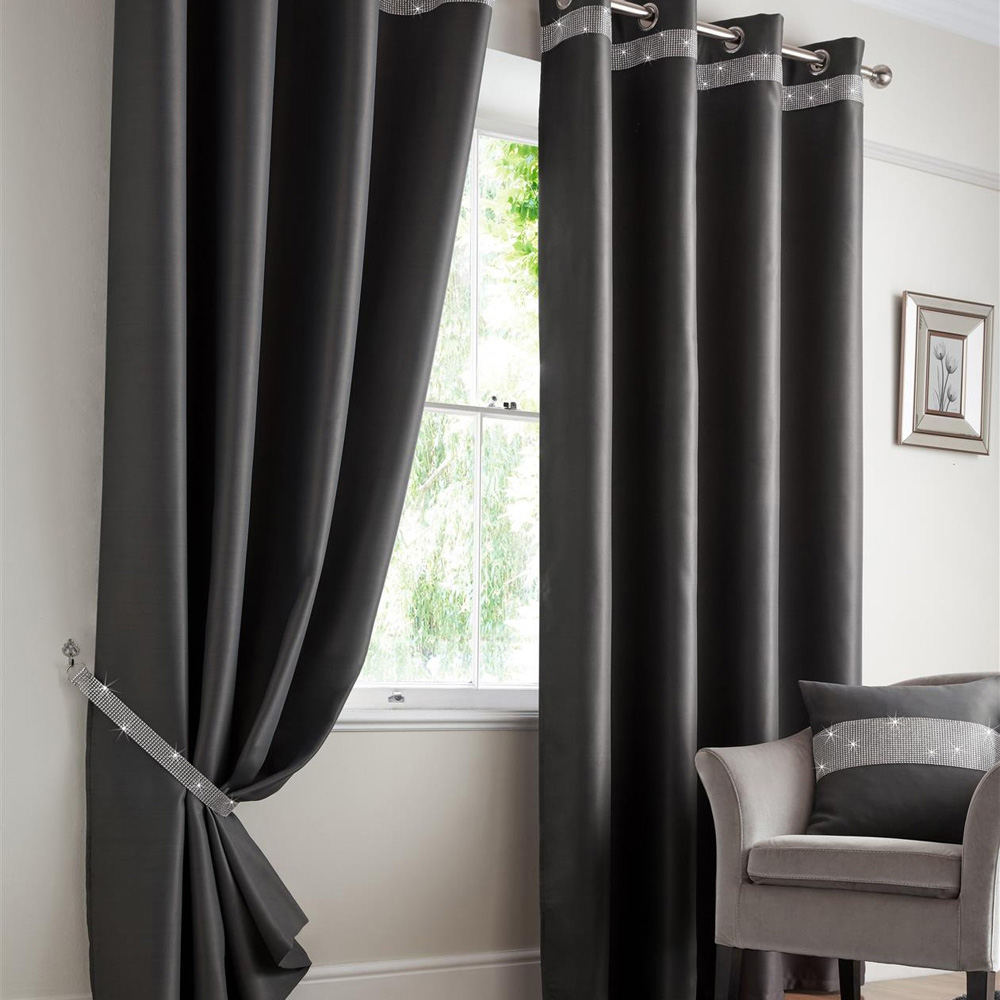 Alan Symonds Palace Charcoal Plain Thermal Ring Top Eyelet Curtains with Diamante Band 167 x 137cm Image 1