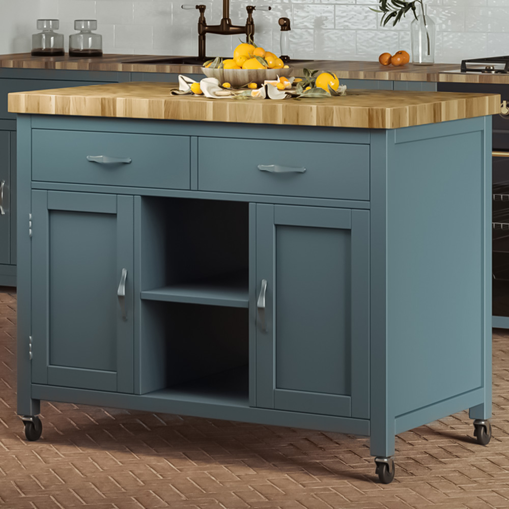 Baumhaus Kitchen Island 2 Door 2 Drawer and 2 Shelf Blue Cabinet with Butchers Block Image 1
