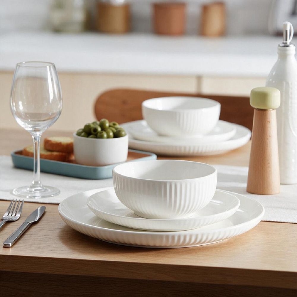Waterside White Embossed Coupe 18 Piece Dinner Set Image 2