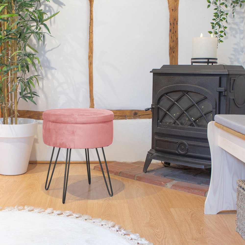 Harbour Housewares Pink and Black Velvet Round Footstool with Storage Image 5