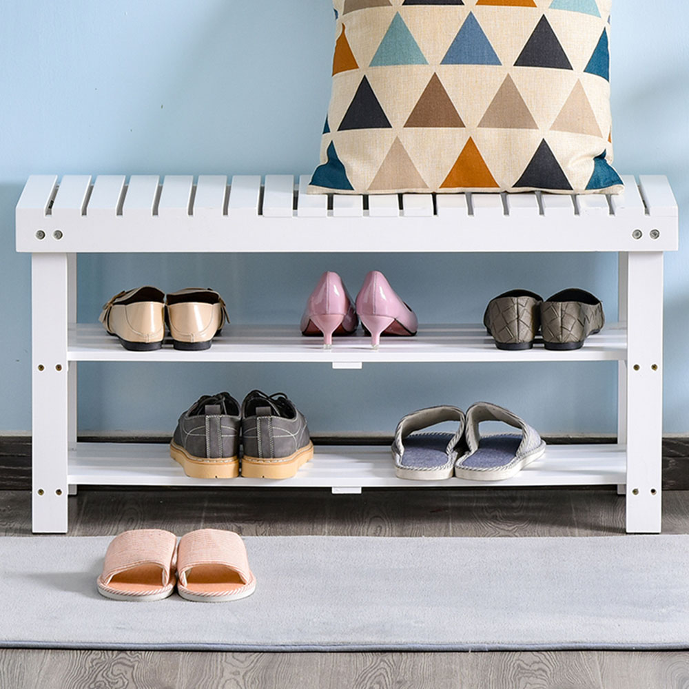 Portland White Wooden Shoe Bench with Slatted Shelves Image 1
