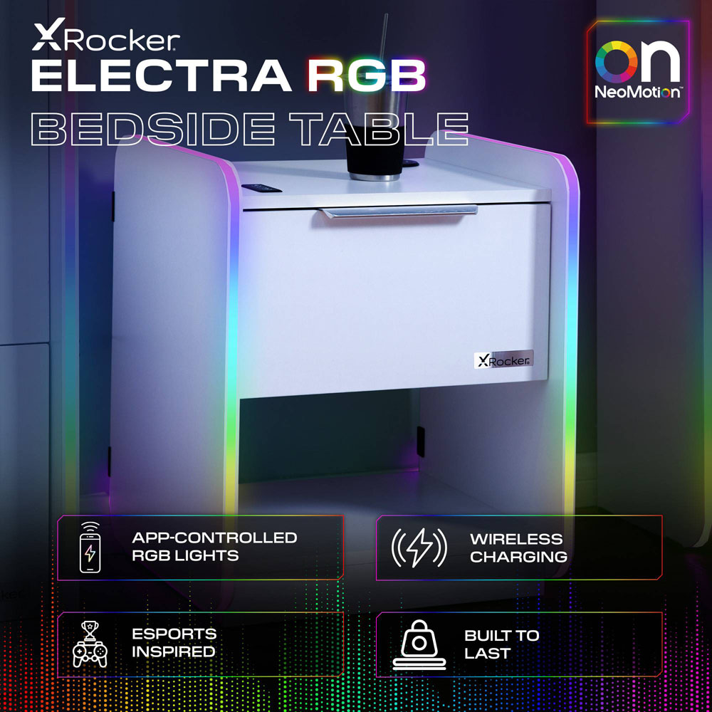 X Rocker Electra Single Drawer Single Shelf White LED Bedside Table with Charging and App Control Image 5