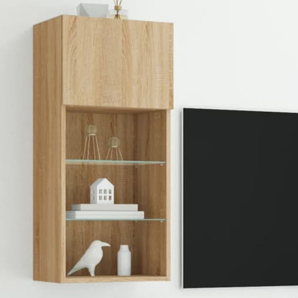 vidaXL 3 Shelf Single Door Sonoma Oak Wall Mounted TV Cabinet Set of 2 Image 1