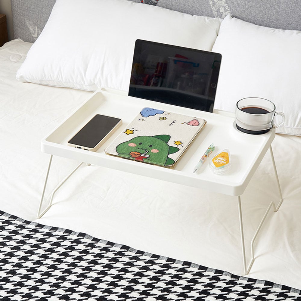 Living and Home White Foldable Bed Table with Cup Holder Image 2