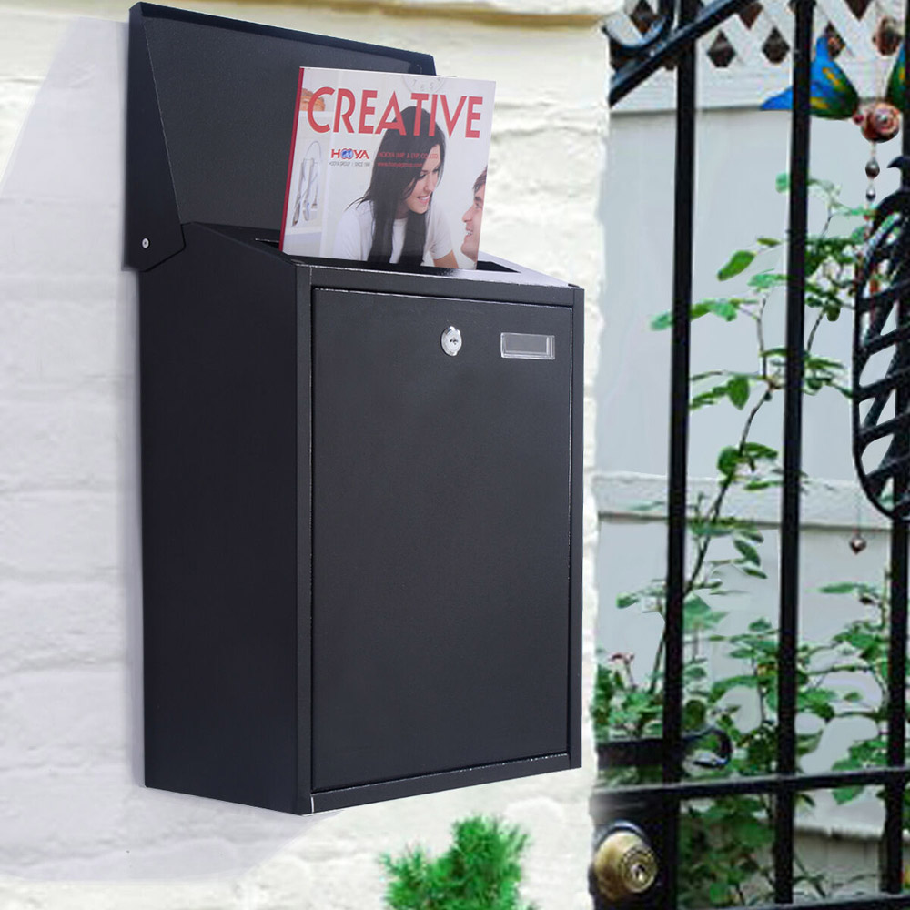 Costway Black Wall Mounted Steel Lockable Letter Box Image 2