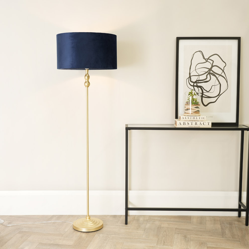ValueLights Maggie Navy Blue Velvet and Gold Drum Shade Candlestick LED Floor Lamp Image 2