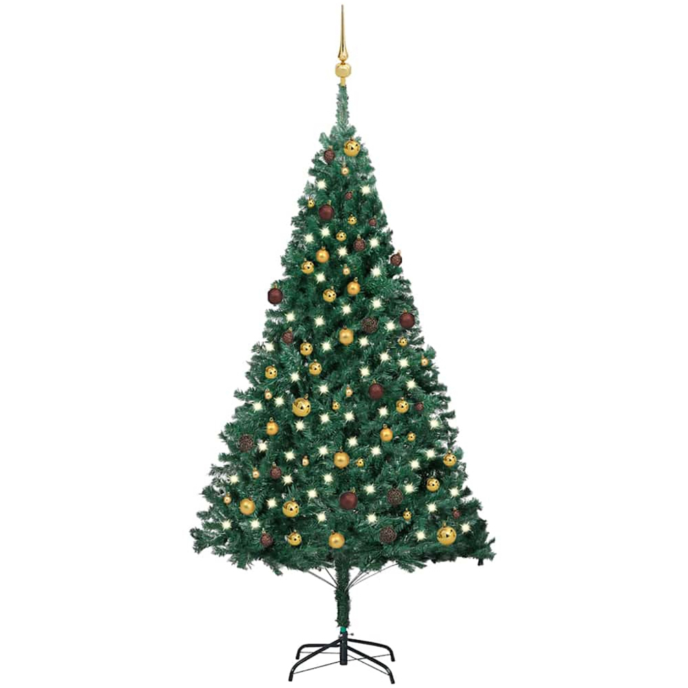 vidaXL Green Artificial Christmas Tree with LEDs Bronze Gold Decoration Ornaments 7ft Image 1