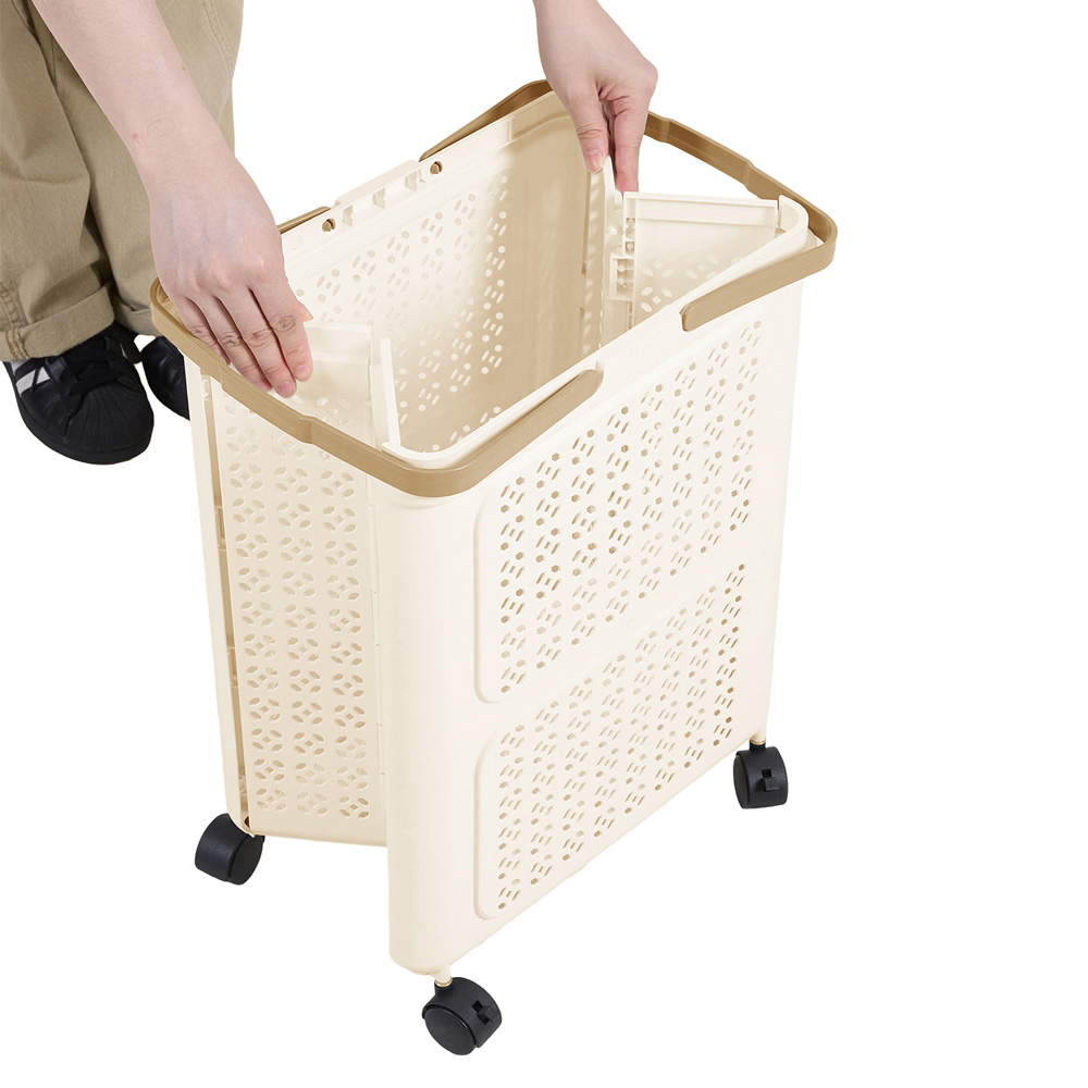 Living and Home Cream and Khaki Foldable Laundry Basket with Wheels 42 x 31 x 55cm Image 5