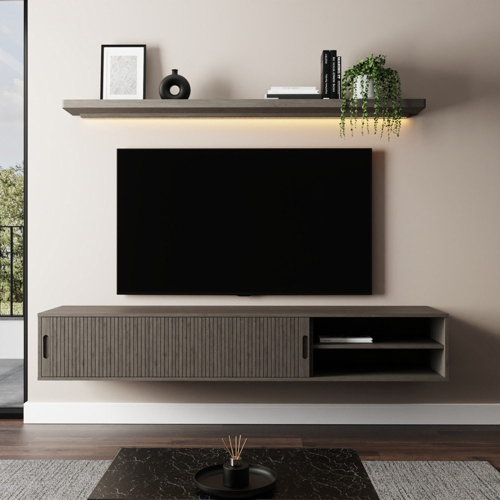 GFW Nina 2 Door 2 Shelf Grey Wall Mounted TV Unit with LED Wall Shelf Image 8