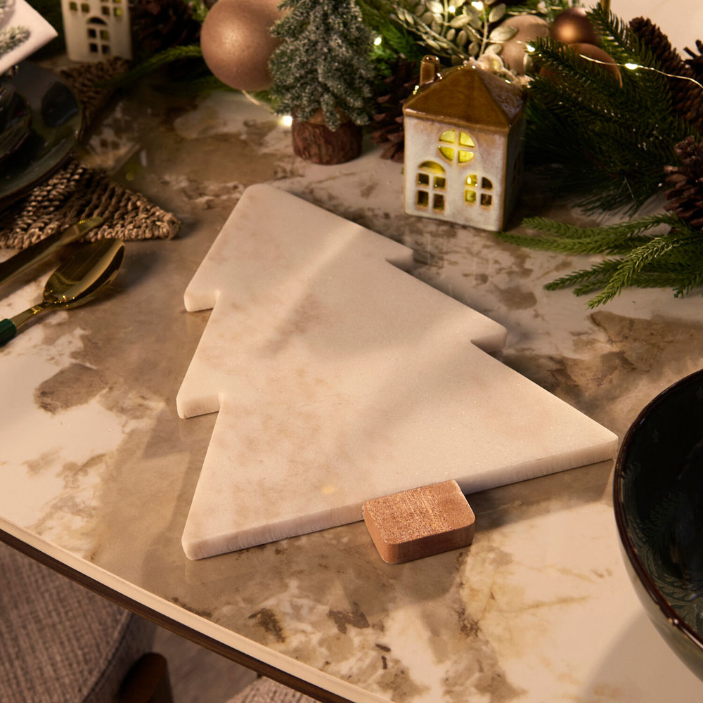 Marble and Wood Christmas Tree Serving Board White Image 5